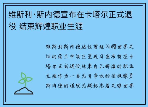 维斯利·斯内德宣布在卡塔尔正式退役 结束辉煌职业生涯