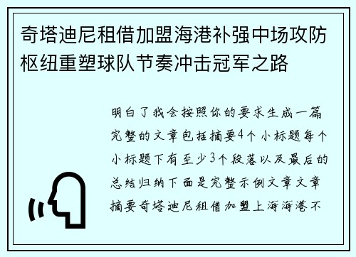 奇塔迪尼租借加盟海港补强中场攻防枢纽重塑球队节奏冲击冠军之路